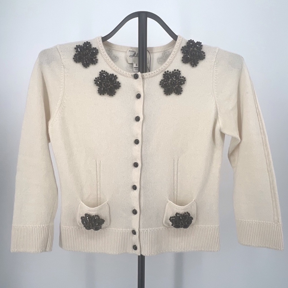 Vintage Milly Girls Ivory 100% Cashmere Cardigan w/ Black Beading Kids Small Lux